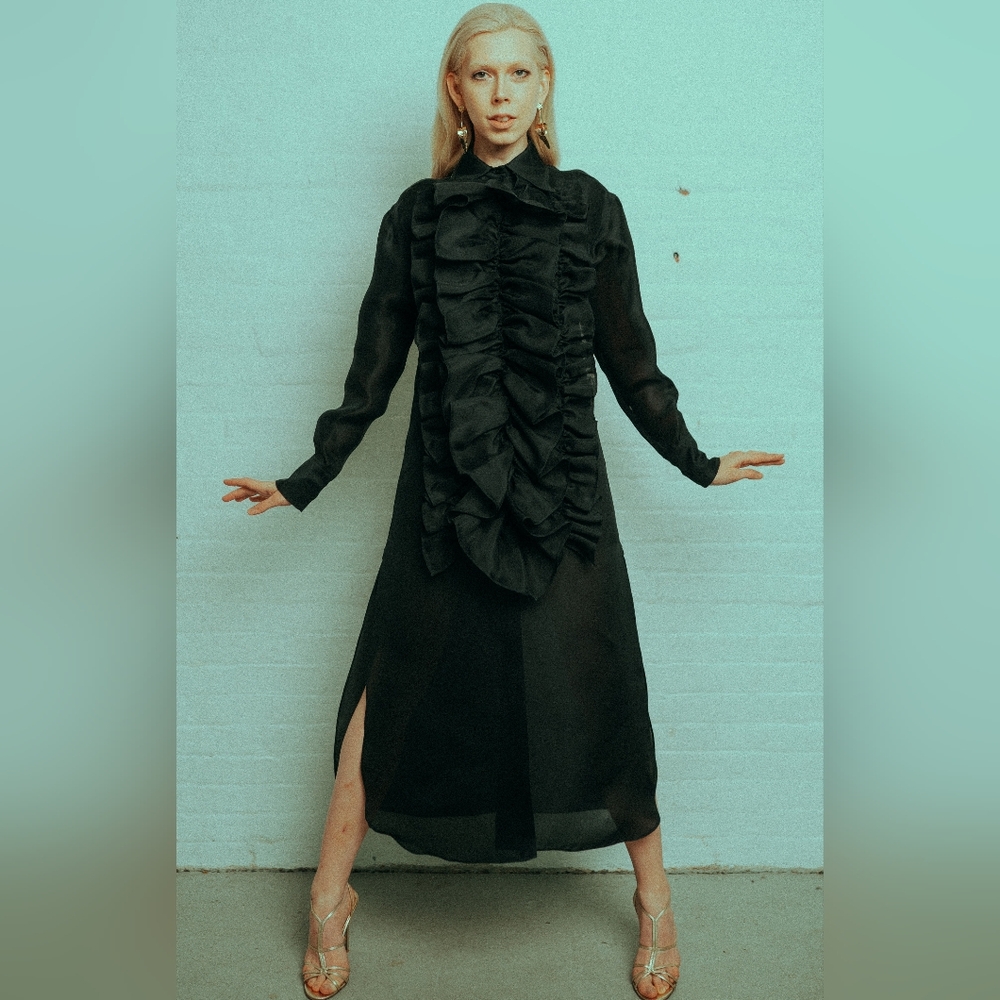 Christopher John Rogers Black Silk Maxi Shirt Dress Size 2 Collection 006 Ruffly